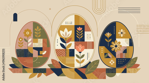 Celebrating spring with three decorative eggs adorned with floral patterns on a beige background, captured in flat design vector illustration from a frontal viewpoint