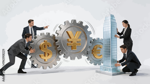 Businesspeople pushing gears and building model