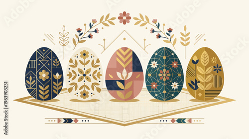 Vibrant flat‑vector illustration of five decorated Easter eggs arranged on a light beige decorative surface with gold border, festive flowers and leaves, viewed from a frontal perspective