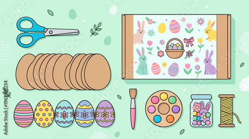 Playful Easter craft kit spread on a mint-green polka-dot tabletop, children's creative workspace view, flat vector illustration showing pastel paints, scissors, eggs, and supplies