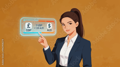 Businesswoman with currency exchange display