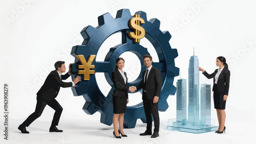 Business people with gear and currency symbols