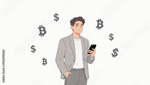 Man with phone surrounded by currency symbols