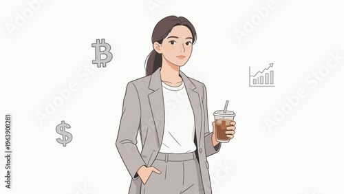 Businesswoman with drink and financial symbols