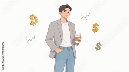 Man holding coffee with financial symbols