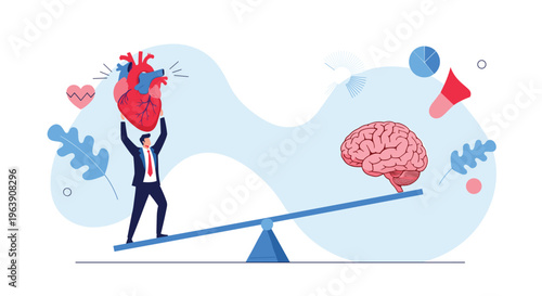 Businessman on a balance seesaw holding a large human heart while a giant brain sits on the opposite side to represent logic.