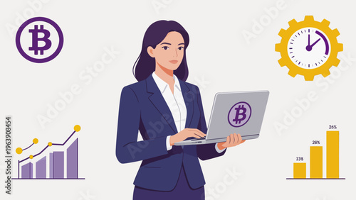 Businesswoman with laptop and cryptocurrency symbols