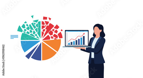 Professional woman holding a laptop showing a growth chart next to a giant broken pie chart representing data failure.