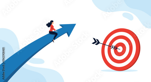 Determined woman in a red shirt sitting on a giant blue arrow flying through the air towards a red and white target.