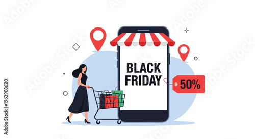 Shopper walking with a cart near a giant smartphone showing a Black Friday sale with a fifty percent discount tag.