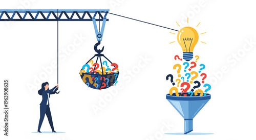 Woman using a large industrial crane to move a bucket of question marks into a funnel to generate a single new idea.