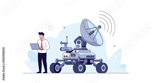 Expert engineer with a laptop computer standing next to a large mobile satellite dish vehicle for remote communications.