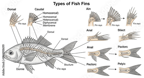 Educational Diagram Illustrating Various Types of Fish Fins and Anatomy