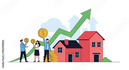 Investors hold large gold coins near residential houses while a green arrow indicates rising real estate prices and property market trends.
