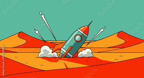 cartoon rocket crash landing in a vibrant desert landscape illustrating a space exploration mishap or unexpected journey setbacks.