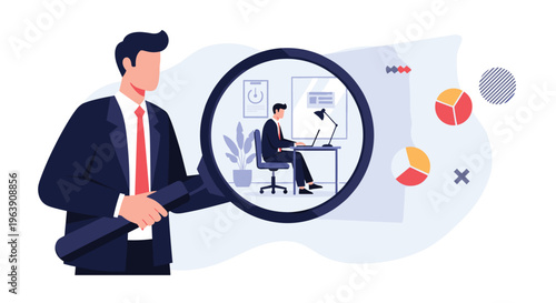 Corporate manager uses a large magnifying glass to observe an employee working at a desk representing surveillance and performance review.