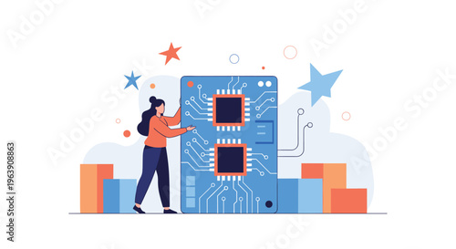 Skilled female technician works on a large computer circuit board illustrating the concepts of hardware engineering and advanced technology.