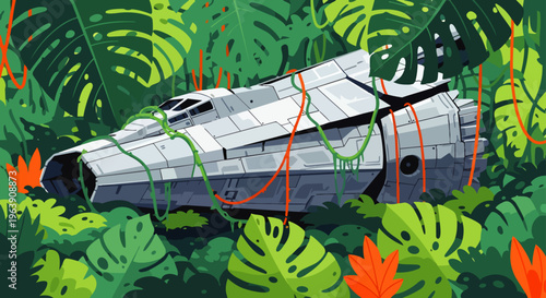 crashed spaceship in a dense tropical jungle overgrown with vibrant green vines symbolizing forgotten technology and natures reclamation