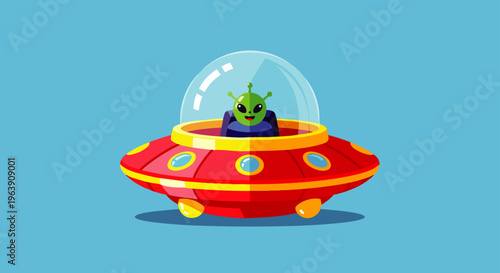 a friendly cartoon alien piloting a vibrant red ufo spaceship against a bright blue background ideal for kids sci-fi content.
