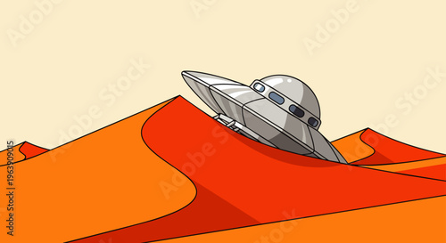 a ufo spaceship crashed and got stuck in a red desert sand dune illustrating an alien accident or exploration gone wrong.