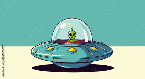 alien ufo spaceship cartoon vector illustration of a friendly extraterrestrial piloting a saucer ideal for sci-fi and technology.