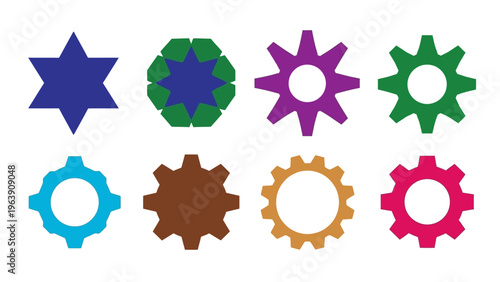 colorful vector flat design set of gear icons and geometric star shapes ideal graphic resources for technology and mechanical concepts.