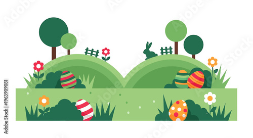 modern flat design easter egg hunt illustration with colorful eggs hidden in a lush spring landscape featuring bunnies and green hills.
