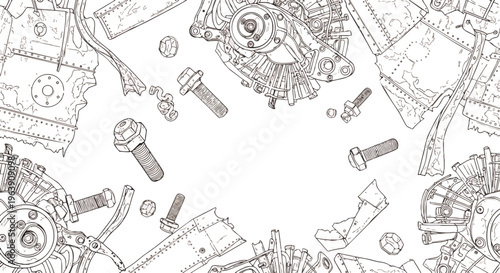scattered mechanical debris and broken machine parts including nuts bolts and metal scraps perfect for industrial and engineering concepts.