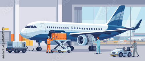 This detailed image illustrates an airplane maintenance scene with technicians working, perfect for aviation companies or educational materials related to aircraft care.