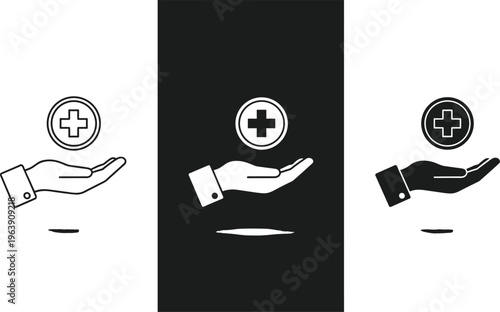 Medical hand icon holding cross symbol for healthcare insurance and charity support in various styles.