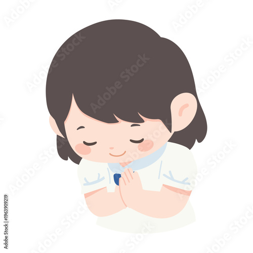 Girl student apologizing with Thai wai gesture