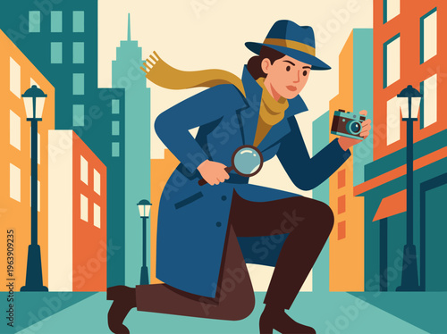 A detective in a blue trench coat is kneeling, holding a camera and a magnifying glass while exploring a cityscape filled with tall buildings and lamp posts.
