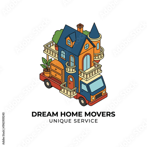 The logo illustrates a whimsical truck full of a beautifully designed house, symbolizing creativity and exceptional service in the moving and relocation industry.