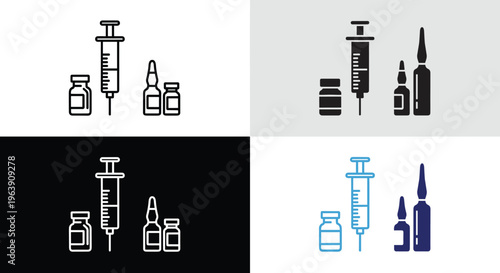 Medical equipment icons including syringe and vials for health care vaccination in different styles.