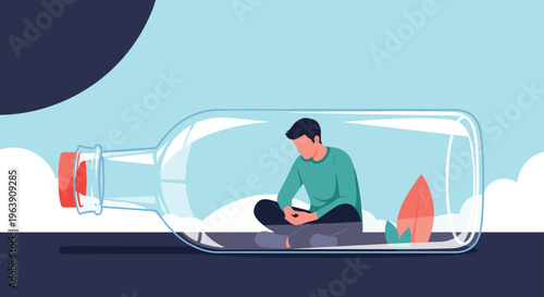 Lonely man sits inside a transparent glass bottle reflecting feelings of isolation, confinement, and social anxiety in a vast modern world.