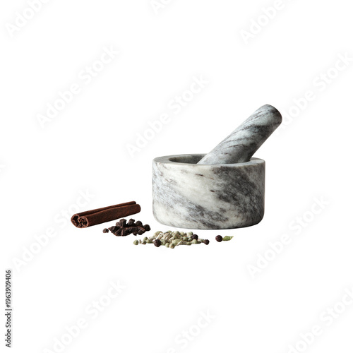 Marble mortar and pestle with spices cinnamon sticks pepper cloves kitchen tool grinding herbs isolated on white background