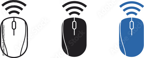Computer wireless mouse icon set featuring outline solid and blue color versions for digital design.