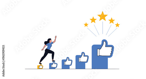 Ambitious professional climbs a staircase of thumbs up icons toward five stars symbolizing the journey to excellence and high ratings.