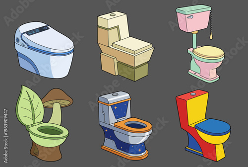 A quirky and colorful assortment of toilet designs, showcasing creativity and humor in bathroom concepts, blending functionality with imaginative art and styles.