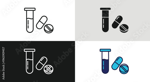 Medical test tube and pills icon collection for healthcare pharmaceutical and laboratory concepts.
