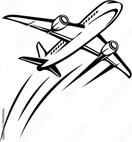 Airplane soars through clear blue sky with motion lines