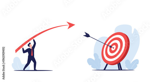 Strategic businessman launches a red arrow towards a bullseye target illustrating goal setting and the pursuit of business success and accuracy.