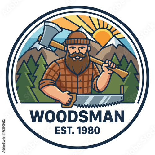 A strong, bearded woodsman is confidently holding an axe, set against a picturesque mountain background, embodying strength, tradition, and the spirit of adventure.