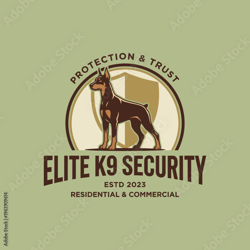 This professional logo presents a robust dog symbolizing security and trust, framed by a shield design, ideal for a K9 security service brand emphasizing protection.