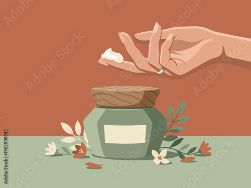 A hand is seen scooping cream from a stylish, eco-friendly jar adorned with flowers, showcasing the importance of skincare and self-care routines.