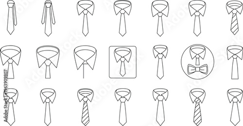 Collection of various black outline tie and shirt collar vector icons, fashion set.