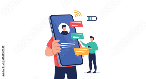 Communication professionals exchange messages on large smartphones illustrating modern digital connectivity and real-time social networking.