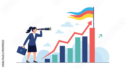 Visionary businesswoman uses a telescope to view a rising bar chart and a victory flag representing long-term goal planning and success.