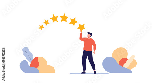 Quality control specialist reaches for a five-star rating arc representing the pursuit of business excellence and top customer satisfaction.
