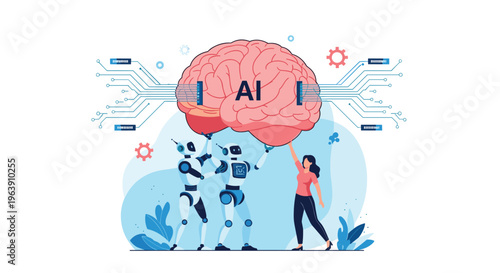 Collaborative team of robots and a woman lift a giant brain labeled AI symbolizing the collective effort to advance modern intelligence.